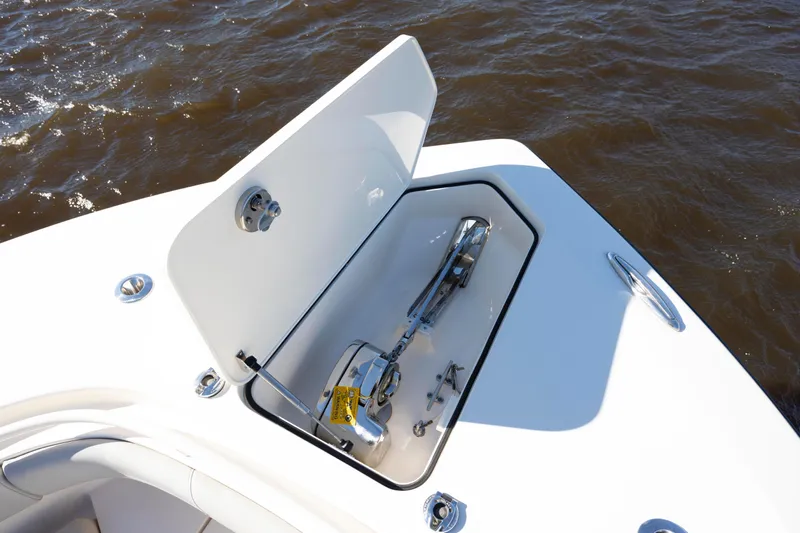  Yacht Photos Pics 2019 Scout 355 LXF boat anchor compartment open on water.
