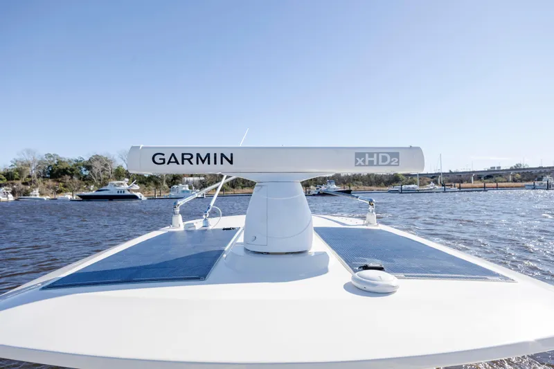  Yacht Photos Pics 2019 Scout 355 LXF boat with Garmin xHD2 radar on water.