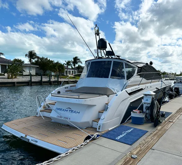  Yacht Photos Pics 2021 Azimut Atlantis 45 yacht docked, featuring sleek design and modern amenities.