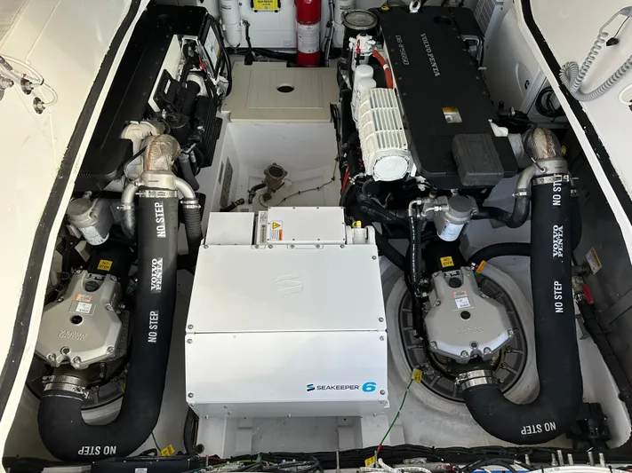  Yacht Photos Pics Engine room of 2021 Azimut Atlantis 45 yacht, showcasing dual engines and mechanical components.