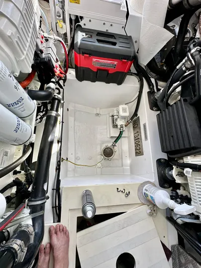  Yacht Photos Pics Engine compartment of a 2021 Azimut Atlantis 45 yacht, showcasing mechanical components.