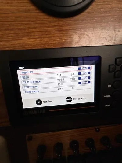  Yacht Photos Pics Dashboard of 2023 Ranger Tugs R23 showing trip data and fuel usage.