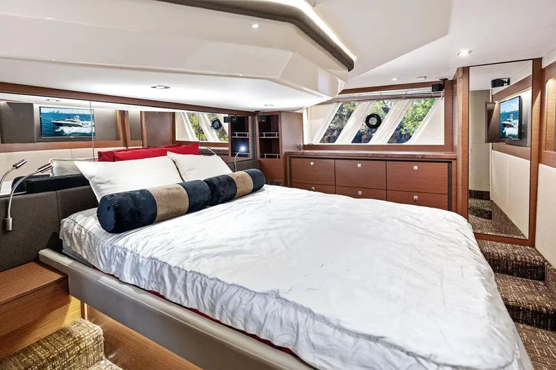  Yacht Photos Pics Luxurious bedroom interior of 2015 Sea Ray 510 Fly yacht with modern design.