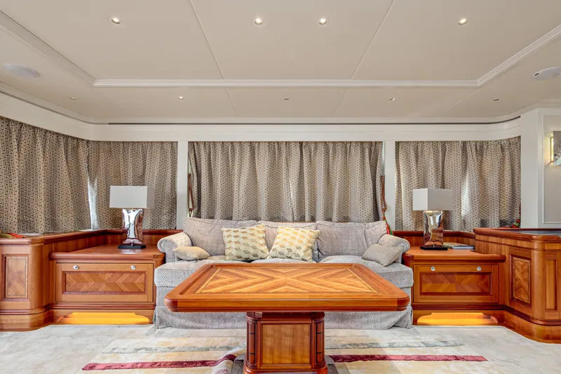 Frivolous Yacht Photos Pics Luxurious 2019 Hunt Yachts motor yacht interior with elegant wood furnishings and plush seating.