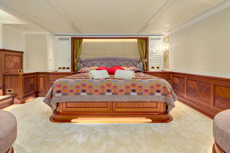Frivolous Yacht Photos Pics Luxurious bedroom interior of 2019 Hunt Yachts Motor Yacht with elegant wood paneling.