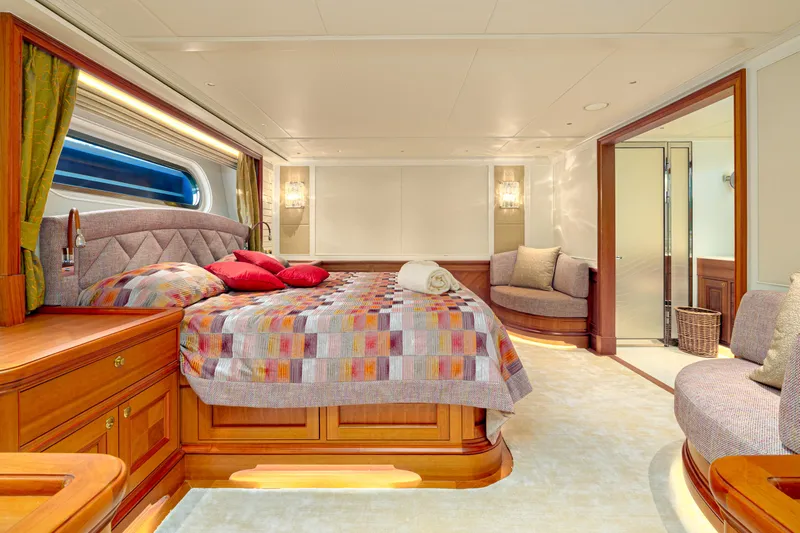 Frivolous Yacht Photos Pics Luxurious 2019 Hunt Yachts motor yacht bedroom with elegant decor and plush bedding.