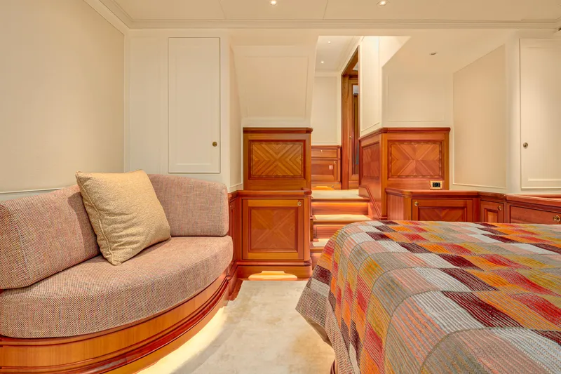 Frivolous Yacht Photos Pics Luxurious 2019 Hunt Yachts motor yacht interior with cozy seating and vibrant bedding.