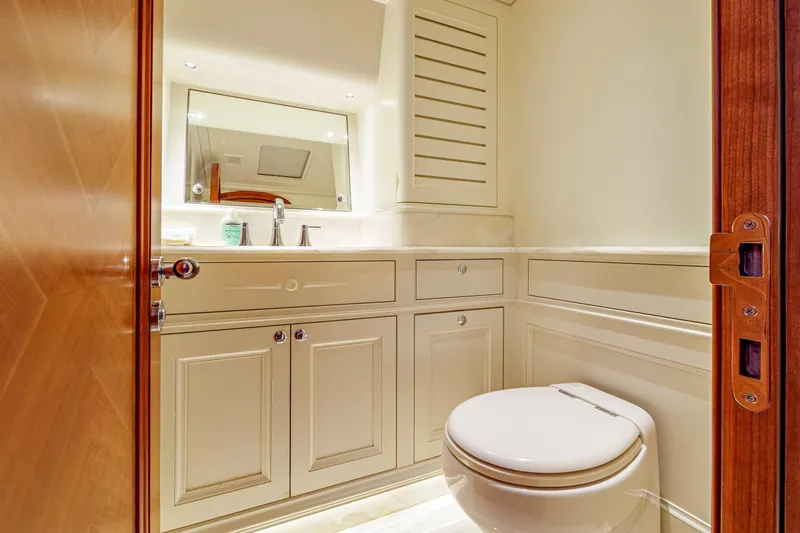 Frivolous Yacht Photos Pics Luxurious bathroom in 2019 Hunt Yachts motor yacht with elegant cabinetry and modern fixtures.