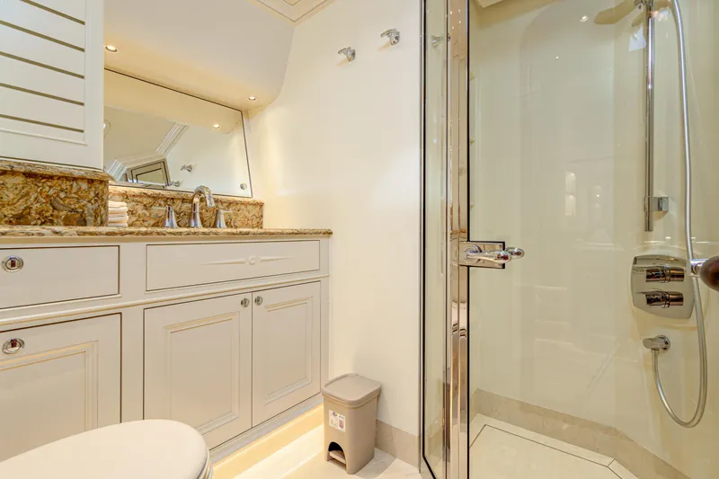 Frivolous Yacht Photos Pics Luxurious bathroom in 2019 Hunt Yachts motor yacht with elegant fixtures and shower.