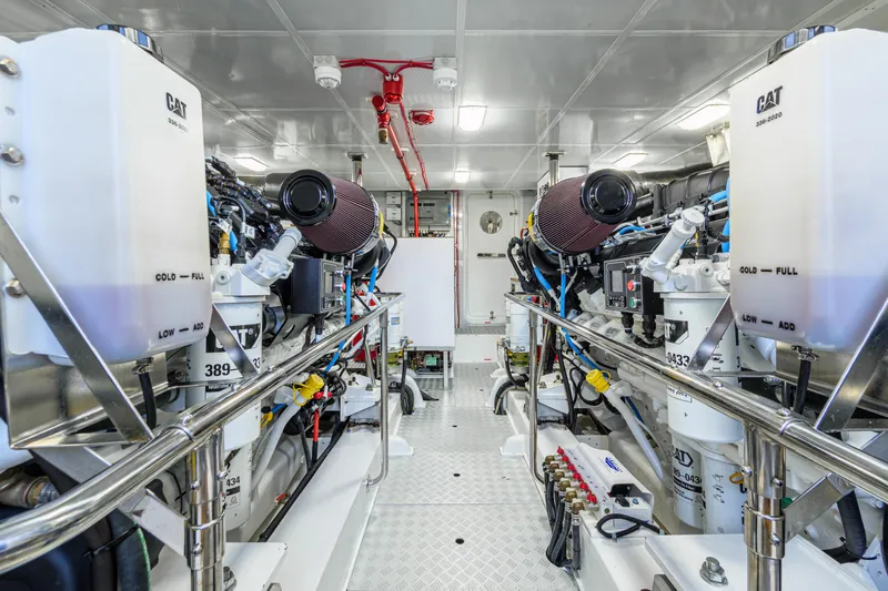 Frivolous Yacht Photos Pics Engine room of 2019 Hunt Yachts Motor Yacht with dual CAT engines.