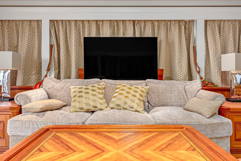 Frivolous Yacht Photos Pics Luxurious 2019 Hunt Yachts motor yacht interior with plush sofa and elegant decor.