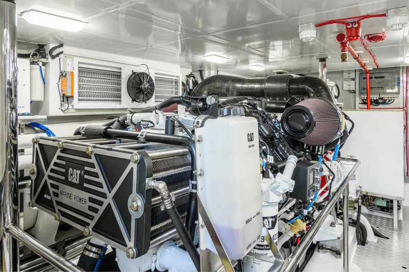 Frivolous Yacht Photos Pics Engine room of 2019 Hunt Yachts Motor Yacht with CAT marine engine.