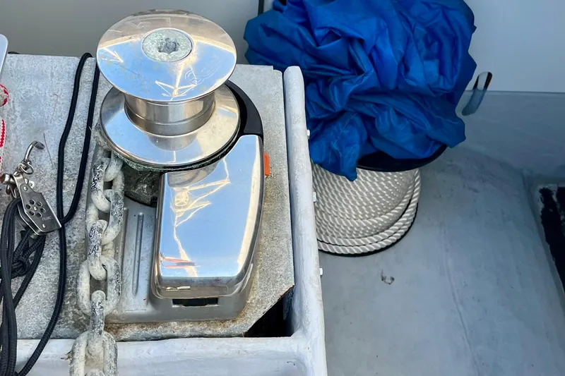 Bright Side Yacht Photos Pics 2018 Fountaine Pajot Saona yacht anchor winch and rope storage area.