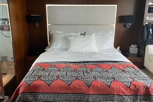  Yacht Photos Pics Luxurious bedroom interior on 2015 Fairline SQUADRON 67 yacht with elegant bedding.