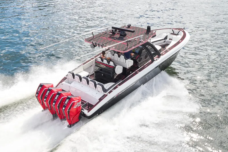  Yacht Photos Pics 2021 Midnight Express 37' Open boat speeding on water with four powerful engines.