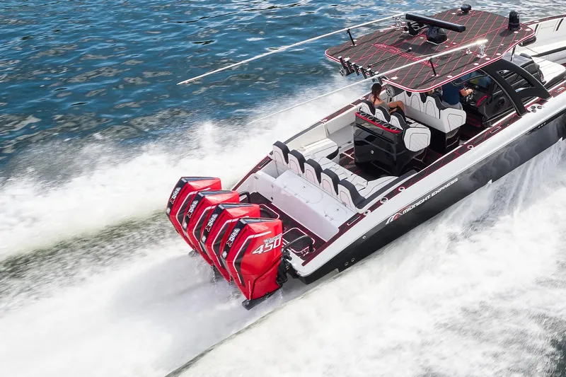  Yacht Photos Pics 2021 Midnight Express 37' Open boat speeding on water with powerful engines.