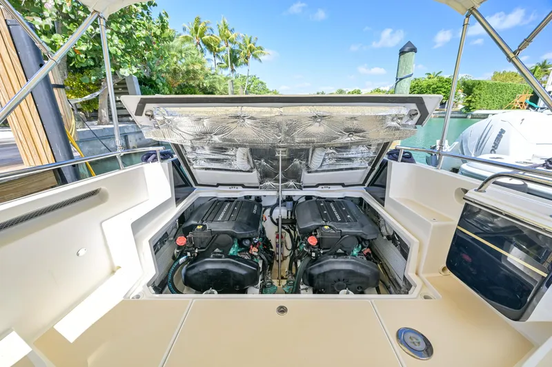 Euphony Yacht Photos Pics 2013 MJM 36z Downeast boat engine compartment with dual engines, dockside view.