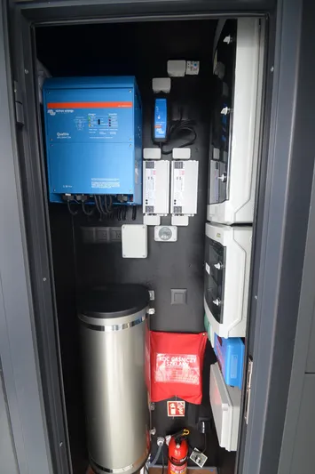  Yacht Photos Pics Electrical control panel in La Mare Modern 11, 2024 model, featuring various components and safety equipment.