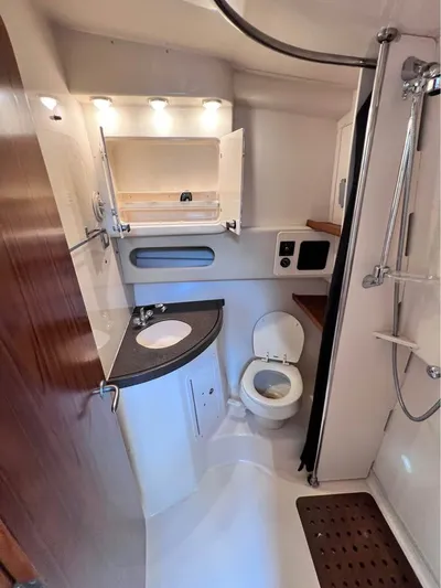  Yacht Photos Pics 2005 Grady-White Express 360 boat bathroom with shower, sink, and toilet.