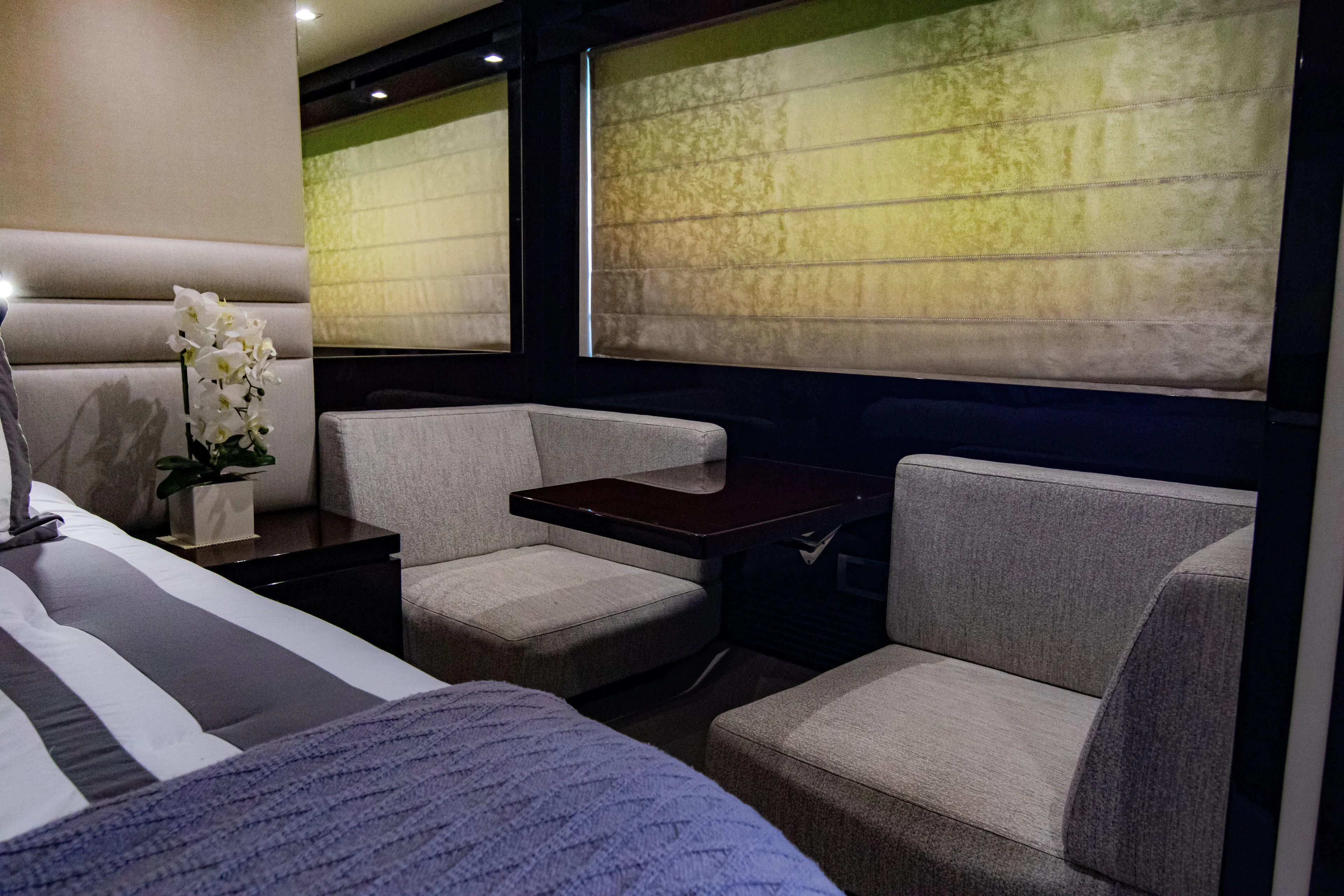 O Legasea Yacht Photos Pics Interior of 2018 Sunseeker Manhattan 66 yacht with cozy seating and elegant decor.