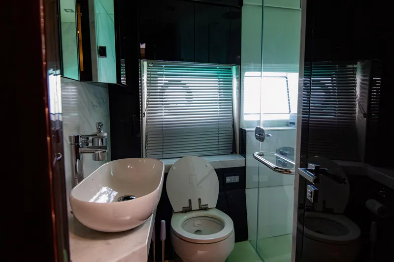 O Legasea Yacht Photos Pics Luxurious bathroom in 2018 Sunseeker Manhattan 66 yacht with modern fixtures.