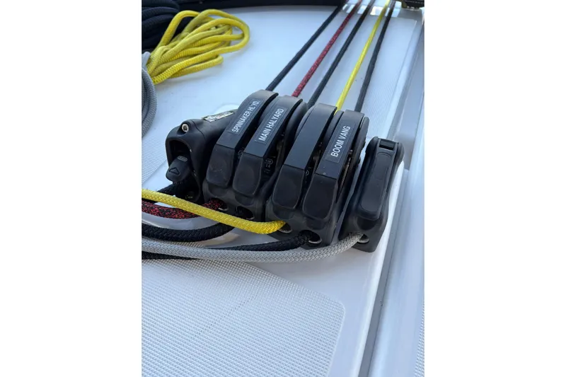 Atticus Yacht Photos Pics Close-up of cabin top rope clutches .