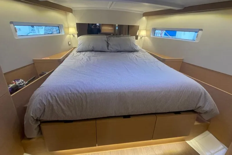 Atticus Yacht Photos Pics Luxurious forward state room.