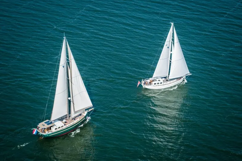 Jaleo Yacht Photos Pics Two Puffin 50 sailboats navigating on open water, 2019 model.