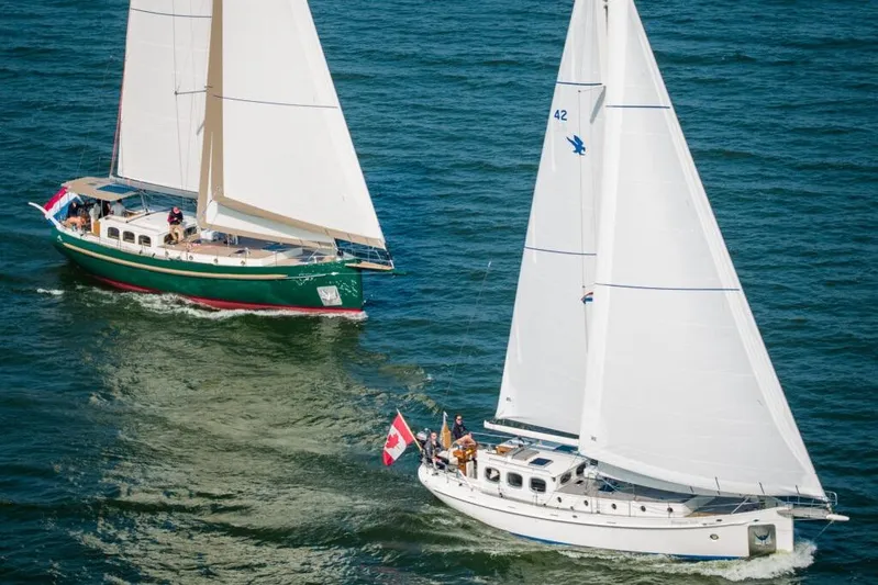 Jaleo Yacht Photos Pics Two sailboats on open water, Puffin 50 model, 2019, with flags and white sails.