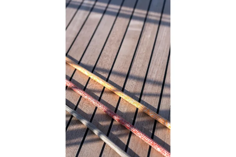 Jaleo Yacht Photos Pics Colorful ropes on a wooden deck, Puffin 50, 2019 model.