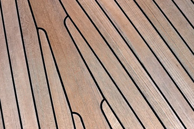 Jaleo Yacht Photos Pics Wooden deck with parallel lines, Puffin 50 model, 2019 design.