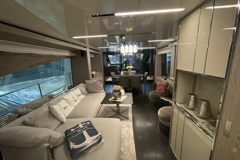  Yacht Photos Pics Luxurious interior of 2024 Cranchi 67 Sessantasette Fly yacht with elegant furnishings.