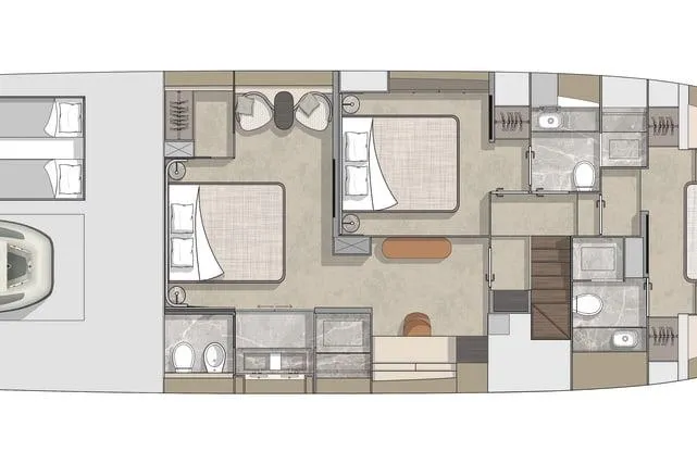  Yacht Photos Pics Floor plan of 2024 Cranchi 67 Sessantasette Fly yacht, featuring bedrooms and bathrooms.