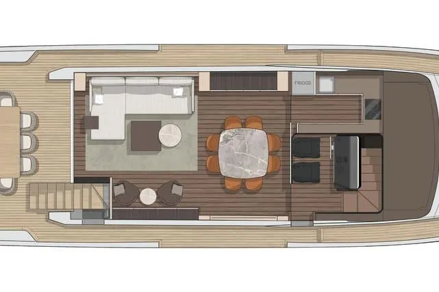  Yacht Photos Pics Floor plan of 2024 Cranchi 67 Sessantasette Fly yacht, featuring dining and lounge areas.