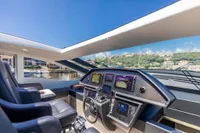 Cockpit view of 2016 Pershing 82 yacht with modern navigation systems.