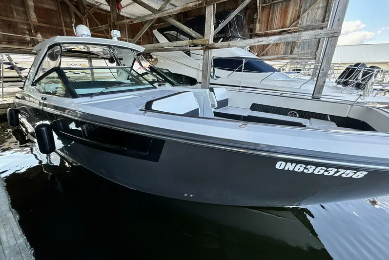  Yacht Photos Pics 2017 Monterey 378 Super Express boat docked in a marina.
