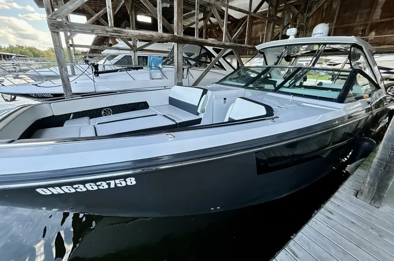 Yacht Photos Pics 2017 Monterey 378 Super Express boat docked in a marina.