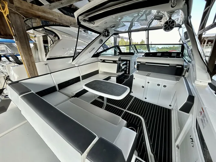  Yacht Photos Pics 2017 Monterey 378 Super Express yacht interior with sleek seating and modern design.