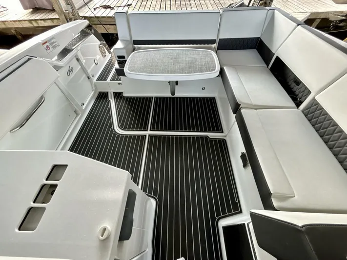  Yacht Photos Pics 2017 Monterey 378 Super Express boat interior with sleek seating and modern design.