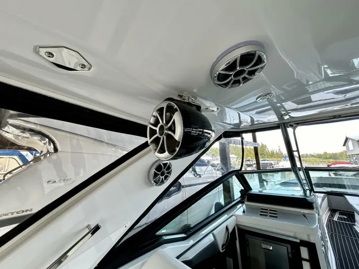  Yacht Photos Pics Interior view of 2017 Monterey 378 Super Express boat with mounted speakers.