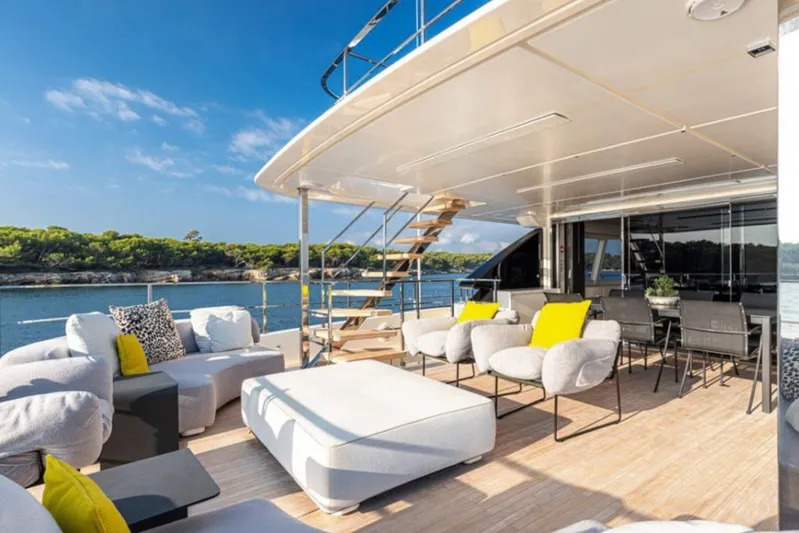  Yacht Photos Pics Luxurious 2018 Customline Navetta 33 yacht deck with modern seating and ocean view.