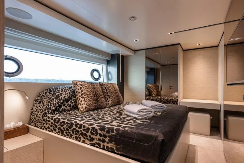  Yacht Photos Pics Luxurious bedroom interior on 2018 Customline Navetta 33 yacht with leopard print bedding.