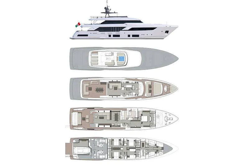  Yacht Photos Pics Side view and floor plans of 2018 Customline Navetta 33 luxury yacht.