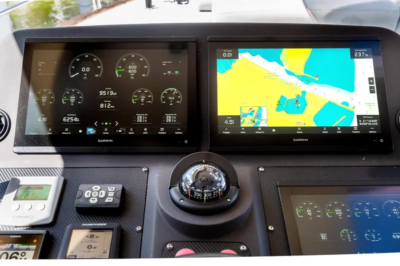 Viakarey Yacht Photos Pics Cockpit of 2023 Sirena 58 yacht with Garmin navigation displays.