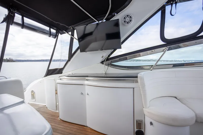  Yacht Photos Pics Interior of 2005 Formula 400 Super Sport yacht with seating and mounted TV.