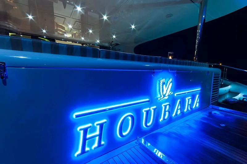 Houbara Yacht Photos Pics Luxurious Sunreef 82 DD yacht "Houbara" with illuminated nameplate, 2012 model.
