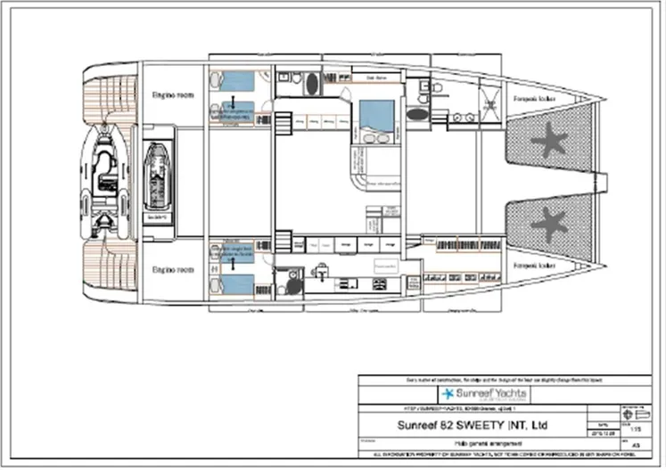 Houbara Yacht Photos Pics Floor plan of 2012 Sunreef 82 DD yacht, showcasing layout and design features.