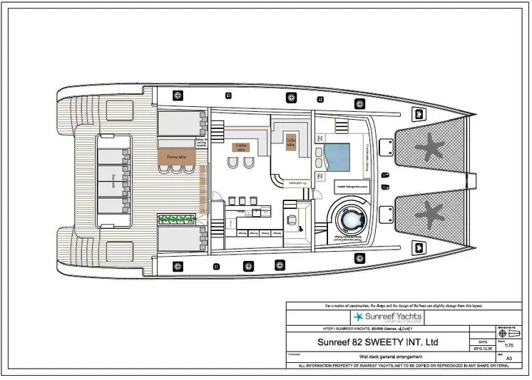 Houbara Yacht Photos Pics Floor plan of 2012 Sunreef 82 DD yacht, showcasing interior layout and design features.