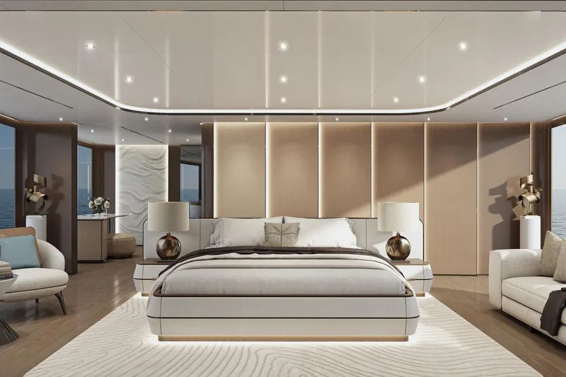  Yacht Photos Pics Luxurious KRC Yachting Dora 2027 bedroom with modern design and elegant lighting.