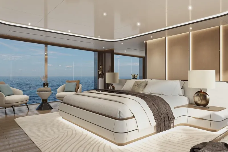  Yacht Photos Pics Luxurious yacht bedroom with ocean view, modern decor, and elegant furnishings on KRC Yachting Dora 2027.